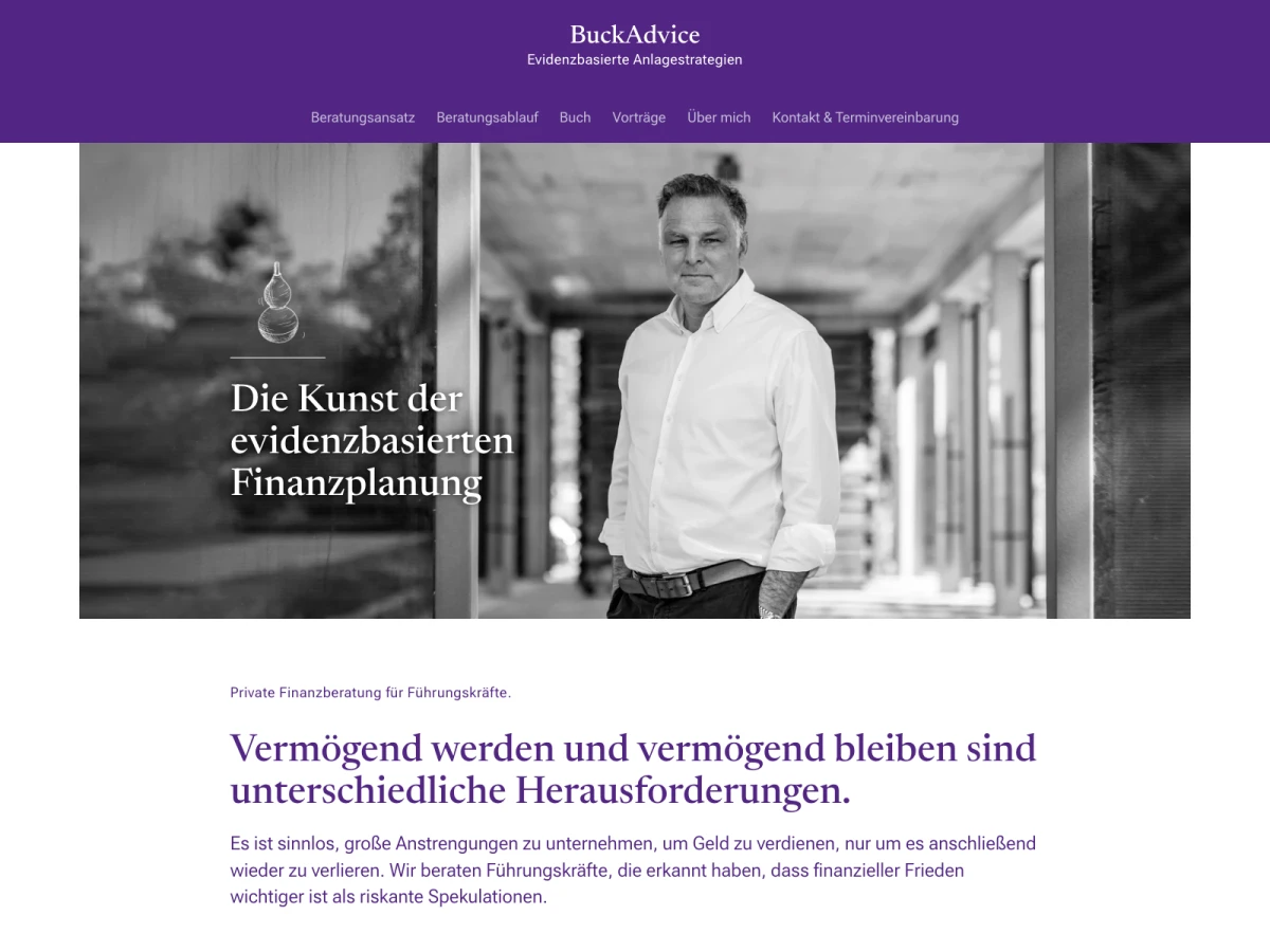 Screenshot der Website für Buck Advice