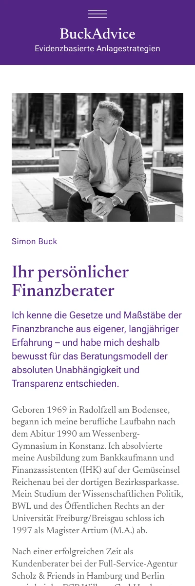 Screenshot der Website für Buck Advice auf dem Smartphone