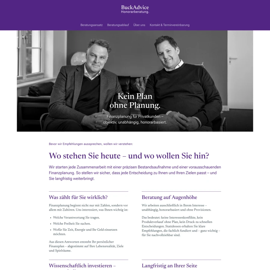 Screenshot der Website für BuckAdvice Honorarberatung