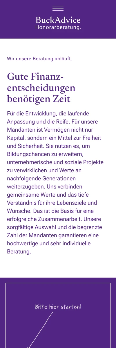 Screenshot der Website für BuckAdvice Honorarberatung auf dem Smartphone