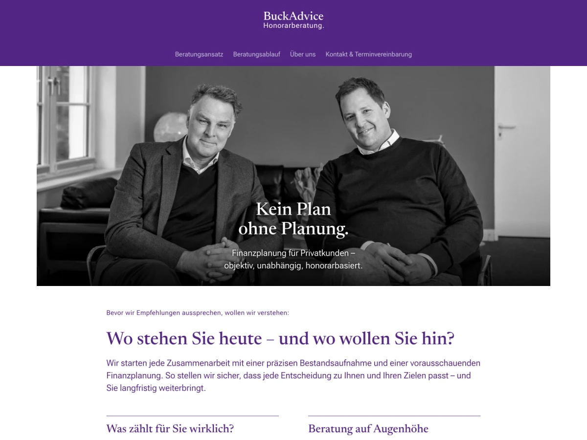 Screenshot der Website für BuckAdvice Honorarberatung