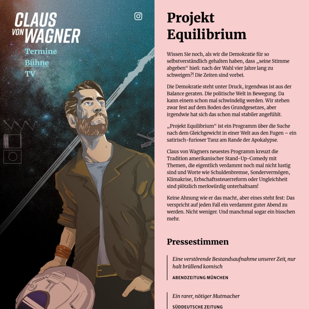 Screenshot der Website für Claus von Wagner auf dem Tablet