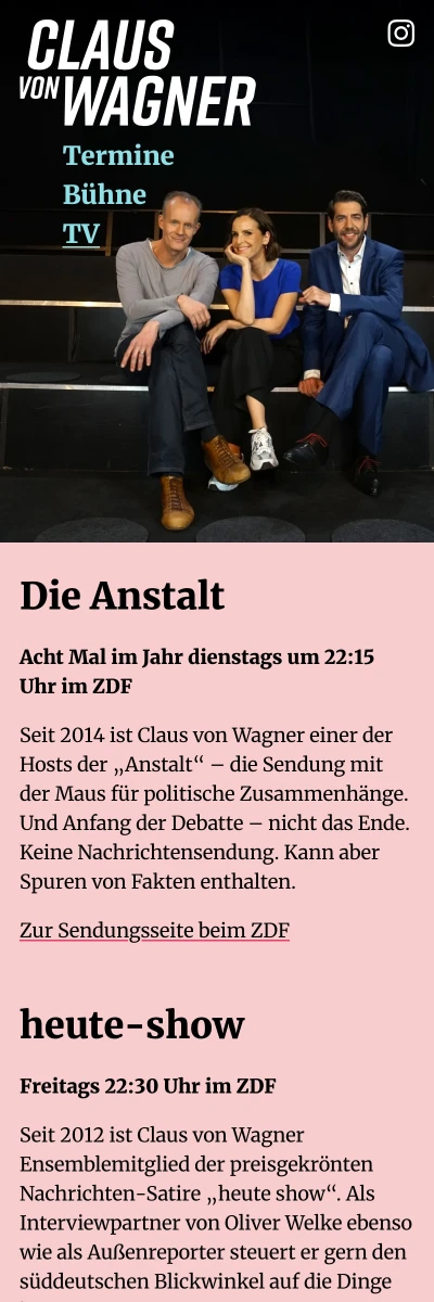 Screenshot der Website für Claus von Wagner auf dem Smartphone
