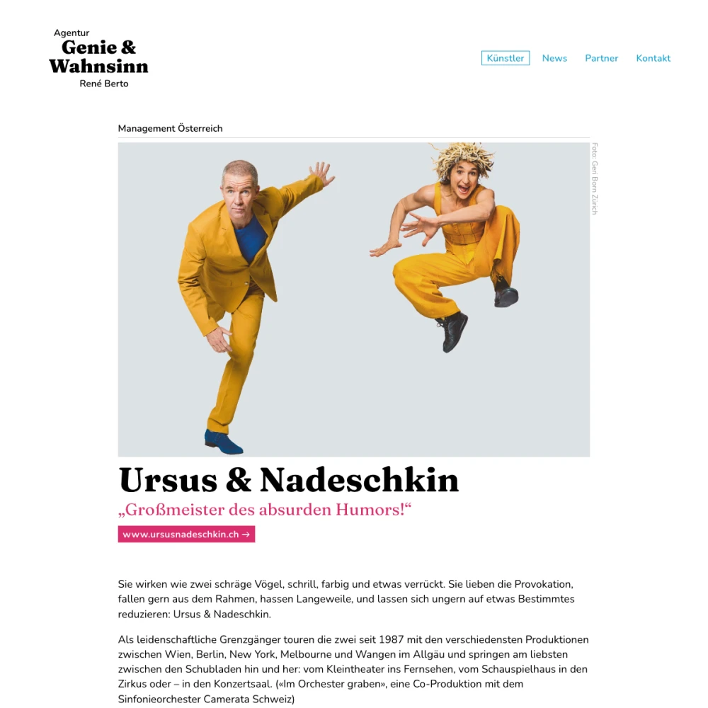 Screenshot der Website für Genie & Wahnsinn auf dem Tablet