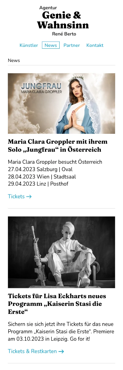 Screenshot der Website für Genie & Wahnsinn auf dem Smartphone