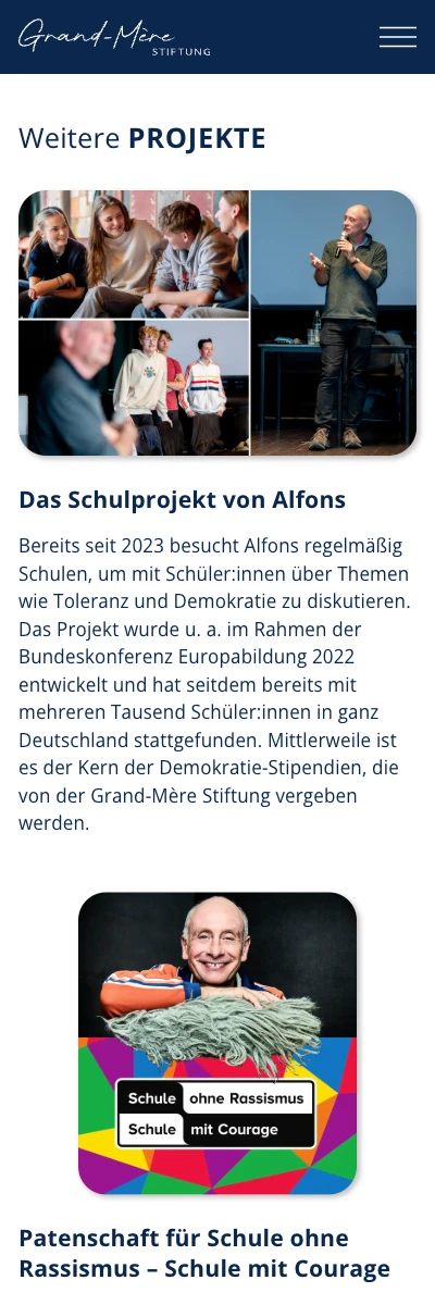 Screenshot der Website für Grand-Mère Stiftung auf dem Smartphone