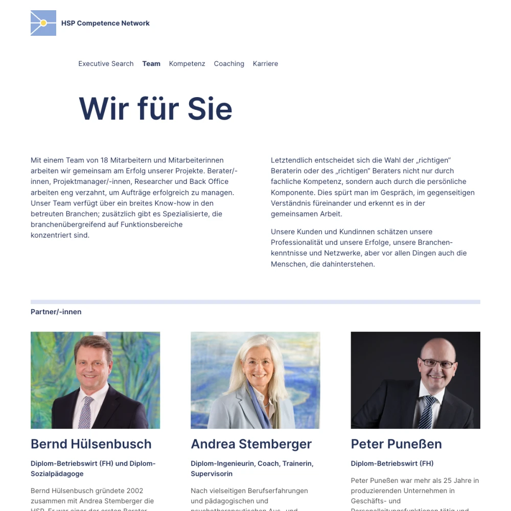 Screenshot der Website für HSP Competence Network auf dem Tablet