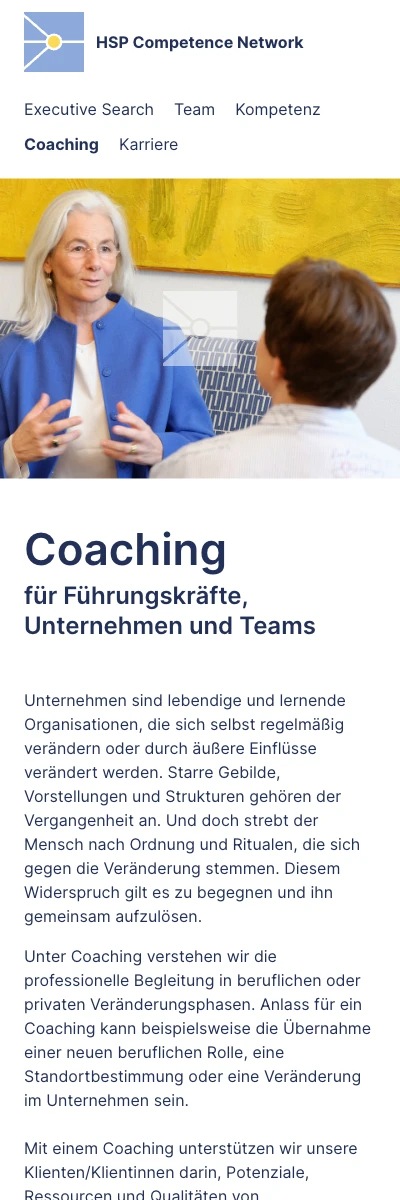 Screenshot der Website für HSP Competence Network auf dem Smartphone
