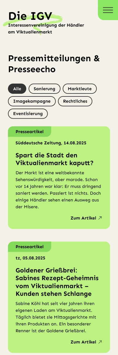 Screenshot der Website für IGV München auf dem Smartphone