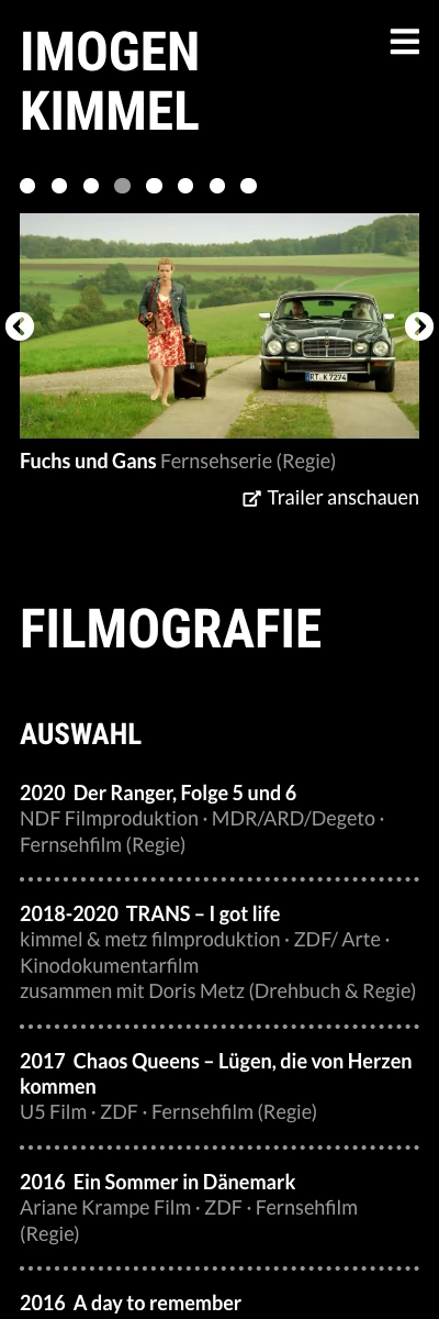 Screenshot der Website für Imogen Kimmel auf dem Smartphone