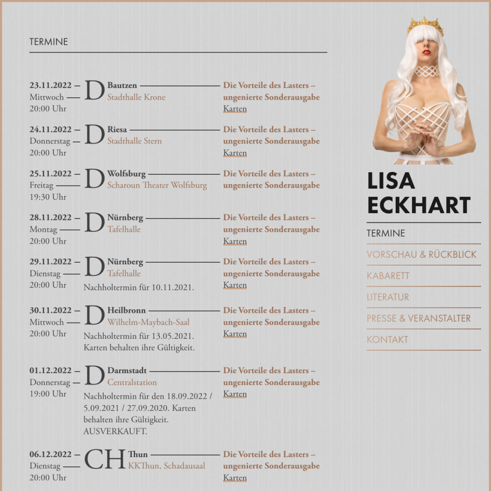 Screenshot der Website für Lisa Eckhart auf dem Tablet