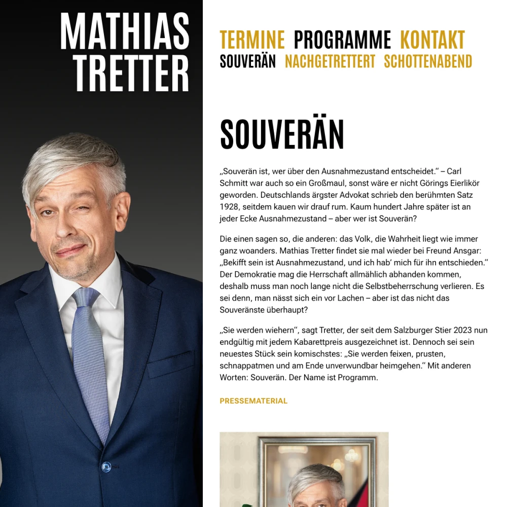 Screenshot der Website für Mathias Tretter auf dem Tablet