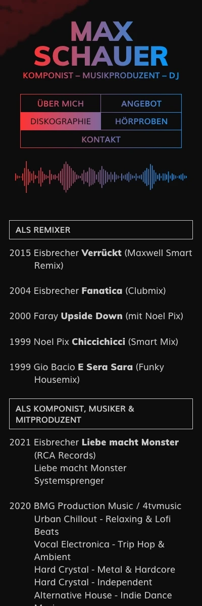 Screenshot der Website für Max Schauer auf dem Smartphone
