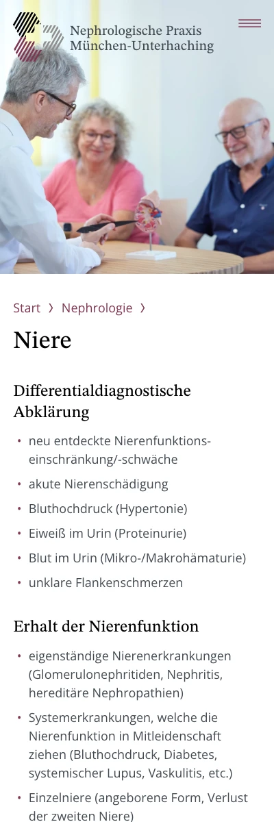 Screenshot der Website für Nephrologische Praxis auf dem Smartphone