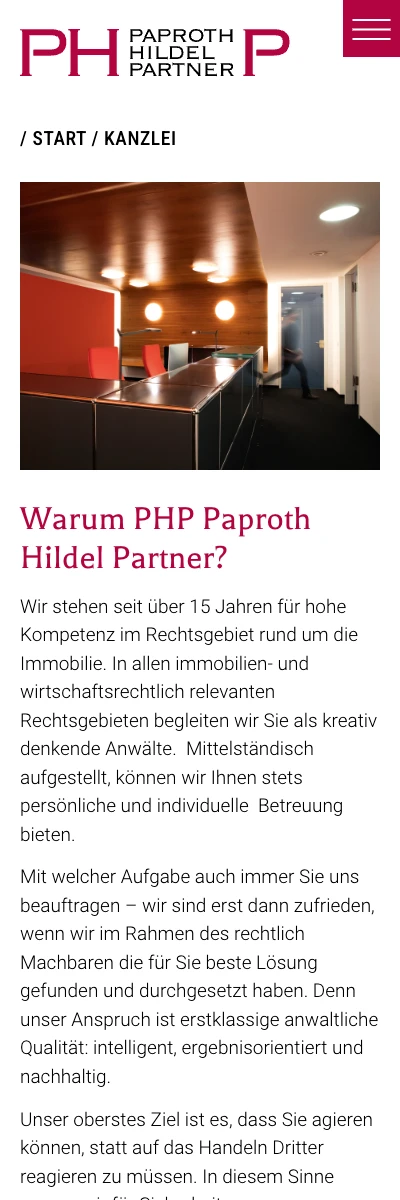 Screenshot der Website für PHP Paproth Hildel & Partner auf dem Smartphone