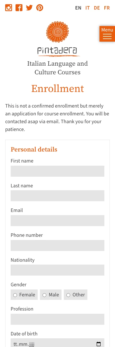 Screenshot der Website für Pintadera auf dem Smartphone