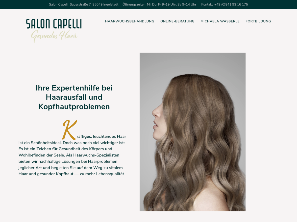 Screenshot der Website für Salon Capelli