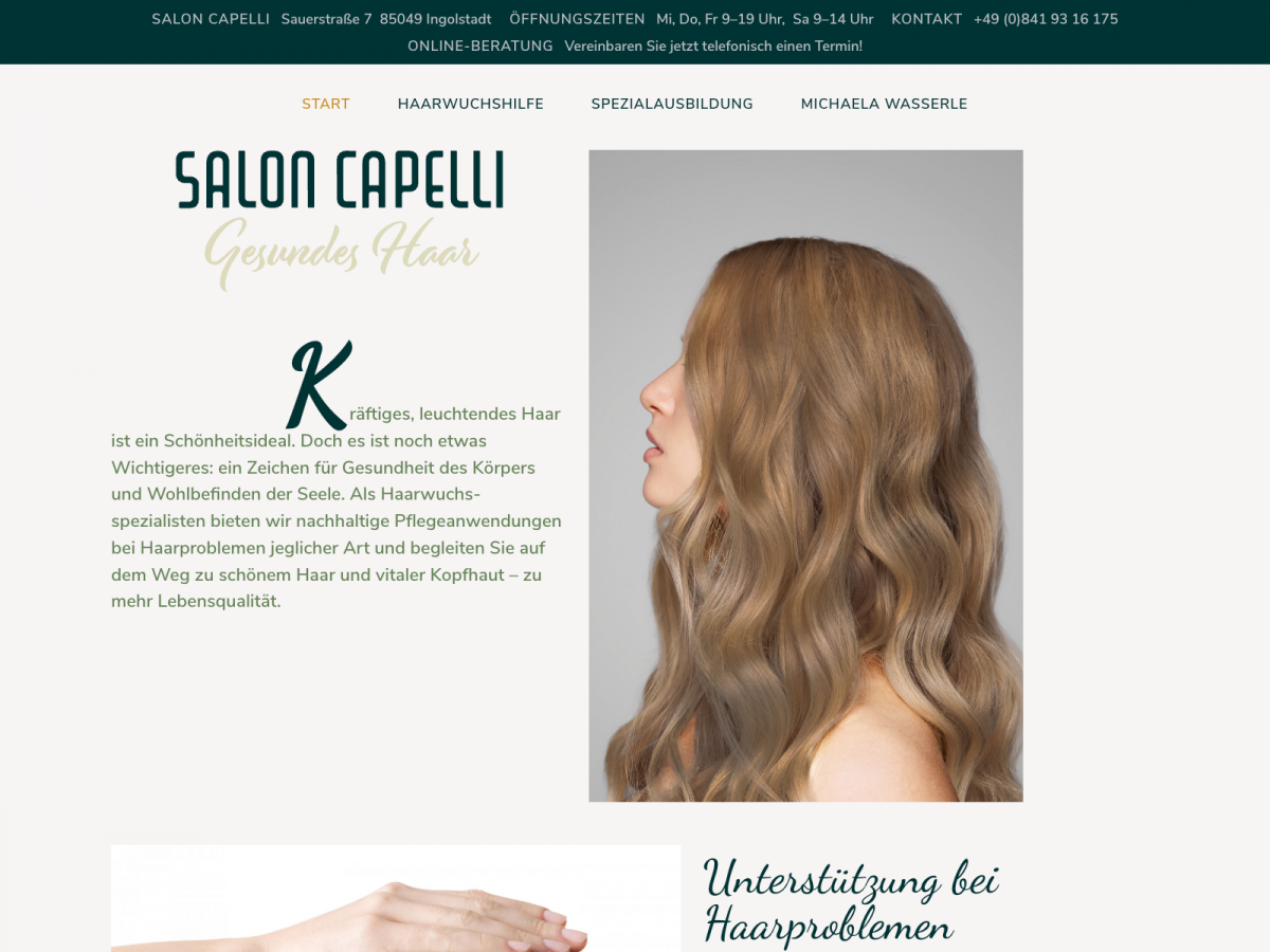 Screenshot der Website für Salon Capelli