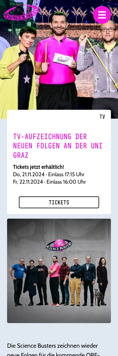 Screenshot der Website für Science Busters auf dem Smartphone