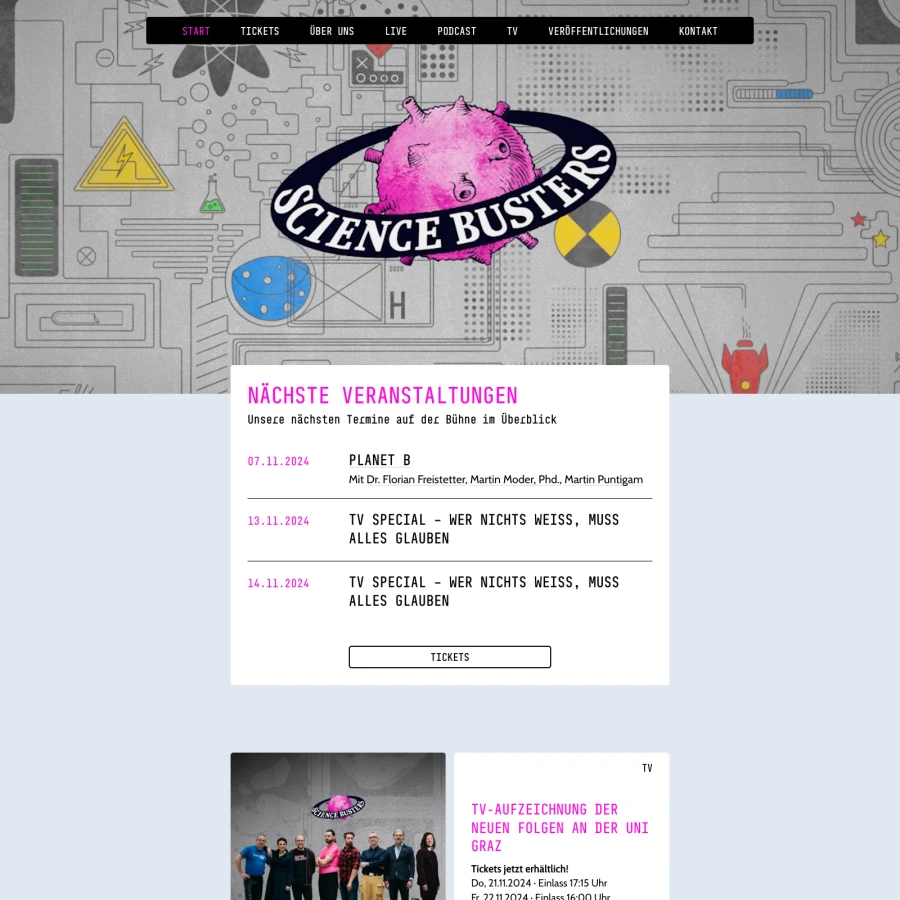 Screenshot der Website für Science Busters