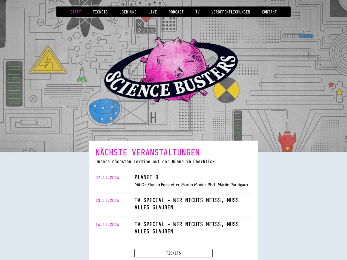 Screenshot der Website für Science Busters