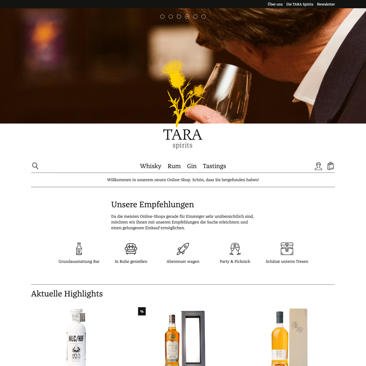 Screenshot der Website für TARA Spirits