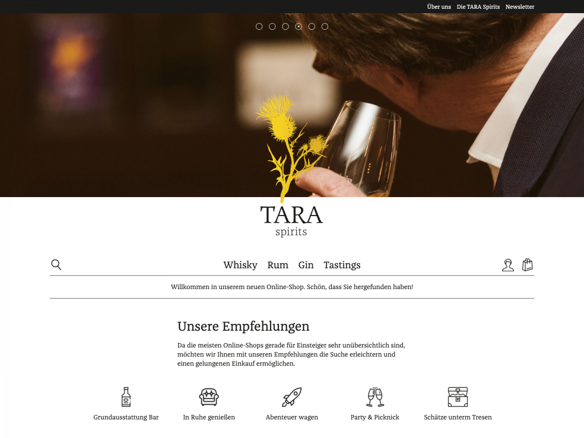 Screenshot der Website für TARA Spirits