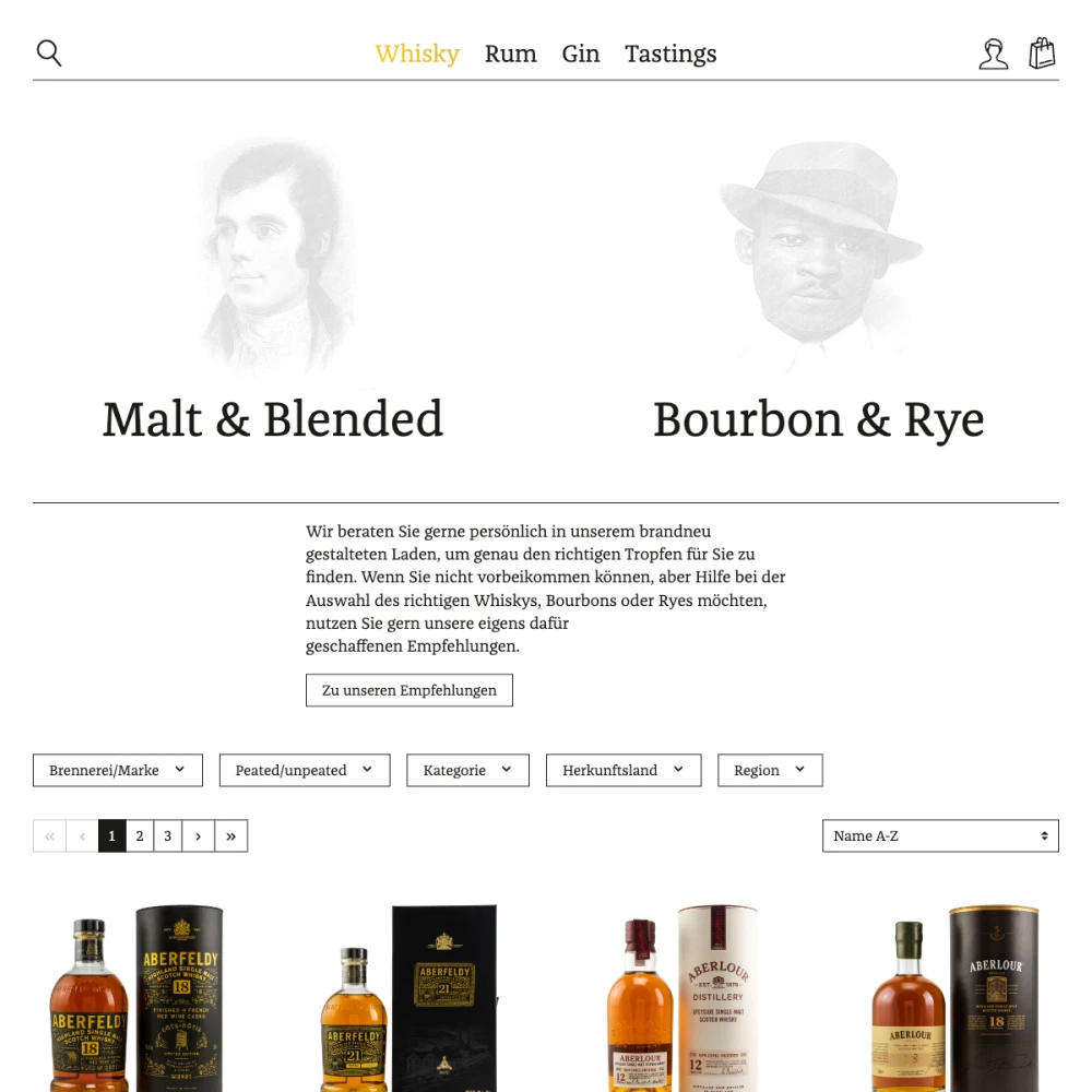 Screenshot der Website für TARA Spirits auf dem Tablet