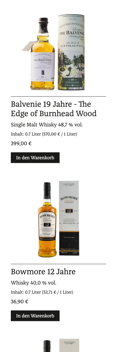 Screenshot der Website für TARA Spirits auf dem Smartphone