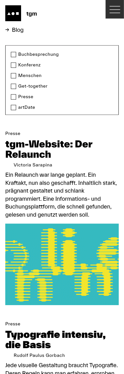 Screenshot der Website für Typographische Gesellschaft München auf dem Smartphone
