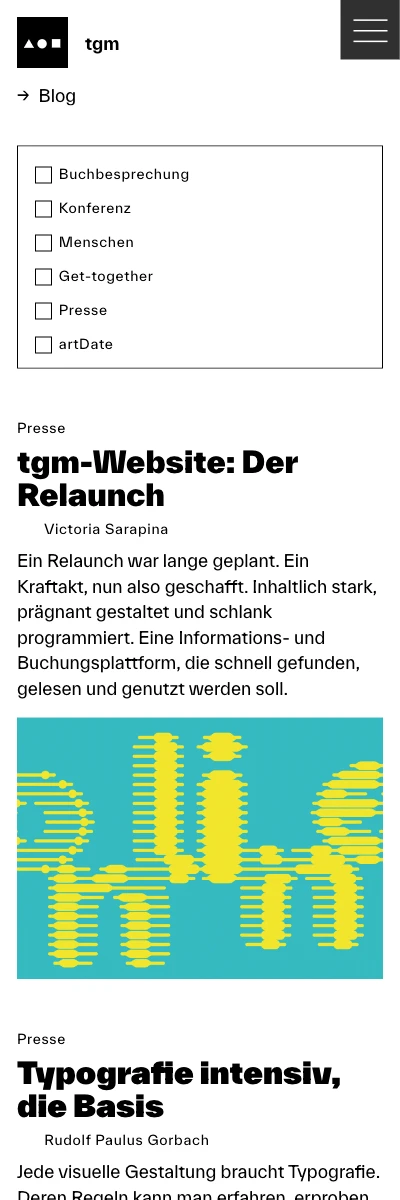 Screenshot der Website für Typographische Gesellschaft München auf dem Smartphone