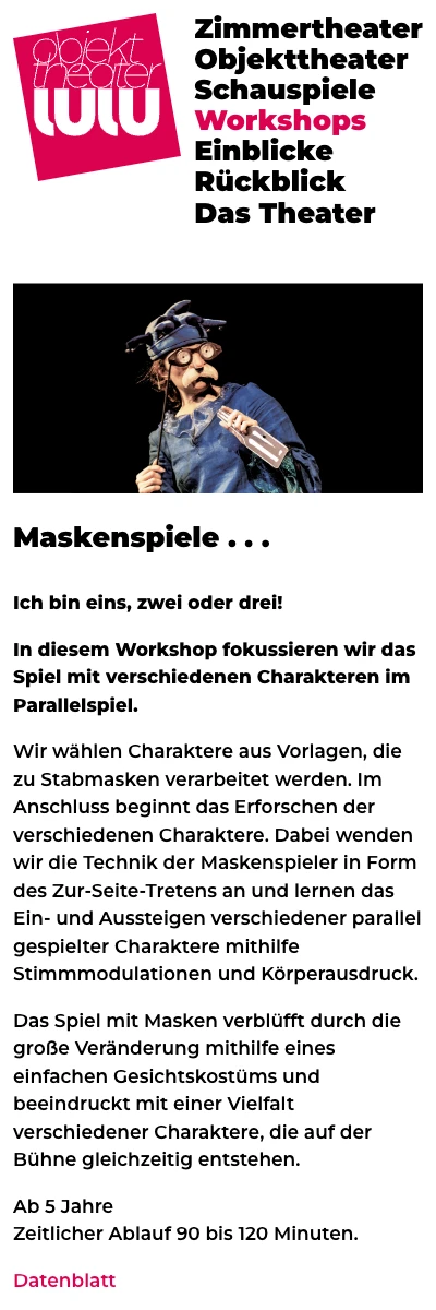 Screenshot der Website für Theater Lulu auf dem Smartphone